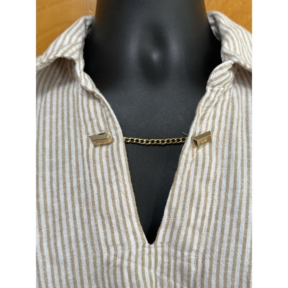 Michael Kors Womens Linen Blend Striped Popover Gold Chain Detail Beige White M